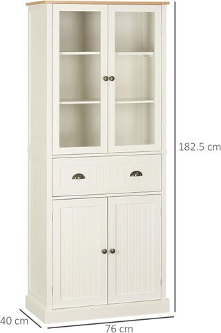 Mueble Despensa de 5 Niveles con Cajón Central, Despensa para Cocina, Comedor y Sala de Estar con Estantes Regulables y Puertas de Vidrio Templado, 76X40X182.5 Cm, Blanco Crema