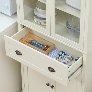 Mueble Despensa de 5 Niveles con Cajón Central, Despensa para Cocina, Comedor y Sala de Estar con Estantes Regulables y Puertas de Vidrio Templado, 76X40X182.5 Cm, Blanco Crema