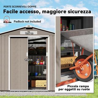 Caseta De Jardín Para Herramientas De Chapa De Acero Con Fundación, 2.42M² Cobertizo De Jardín De Acero Con Puertas Correderas, 213X130X185 Cm, Marrón Claro