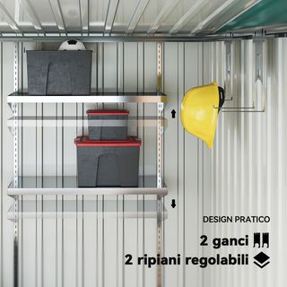 Caseta de Jardín 2.81M² de Acero Galvanizado con Kit de Fundación, Cobertizo para Herramientas Adosado con Estantes Regulables, Ganchos, Techo Inclinado, Salidas de Aire, Puerta Corredera Verde