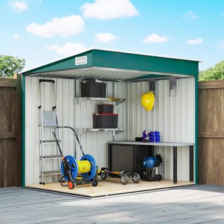 Caseta de Jardín 2.81M² de Acero Galvanizado con Kit de Fundación, Cobertizo para Herramientas Adosado con Estantes Regulables, Ganchos, Techo Inclinado, Salidas de Aire, Puerta Corredera Verde