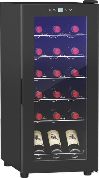 Vinoteca Refrigerada para 18 Botellas, Bodega Fría de Vino Anti-Uv de Zona Única con Temperatura Controlada 5-18°, Pantalla Táctil, Luces LED, Estantes Ajustables, Puerta de Cristal, 34.5X45X78Cm