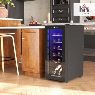 Vinoteca Refrigerada para 18 Botellas, Bodega Fría de Vino Anti-Uv de Zona Única con Temperatura Controlada 5-18°, Pantalla Táctil, Luces LED, Estantes Ajustables, Puerta de Cristal, 34.5X45X78Cm