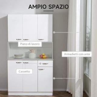 Credenza de Cocina con Armarios, Cajón y Superficie para Microondas, Mueble de Despensa Estrecho con Puertas y Estantes Regulables, Mueble de Cocina para Sala de Estar, Comedor, 101X39X180 Cm, Blanco