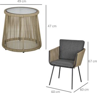 Conjunto de Jardín de 3 Piezas en Rattan PE y Acero, Conjunto de 2 Sillas con Cojines Lavables, Reposabrazos, Mesa de Café con Tapa de Vidrio, Conjunto de Muebles para Balcón Patio Jardín, Café/Gr...