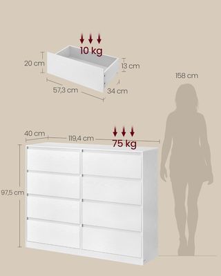 KAILYN Colección - Cajonera Con 8 Cajones, Cómoda, Mueble Con Cajones, Porta Ropa, 40 X 119,4 X 97,5 Cm, Estilo Moderno, Blanco Nieve LTS618WE01
