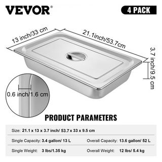 4 Pack de Bandejas de Vapor 20.9 x 12.8 x 3.9 Pulgadas Bandeja de Vapor Profunda Tamaño Completo Contenedor de Alimentos de 13L Bandeja de Horno de Acero Inoxidable Bandejas de Hotel Bandeja de Al...