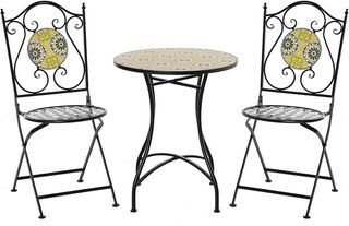 Conjunto de Mesa y Sillas de Balcón 3 Piezas, Conjunto de Jardín Plegables de Metal con Azulejos Coloridos, Multicolor