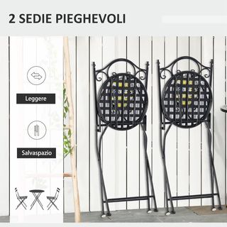 Conjunto de Mesa y Sillas de Balcón 3 Piezas, Conjunto de Jardín Plegables de Metal con Azulejos Coloridos, Multicolor