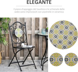 Conjunto de Mesa y Sillas de Balcón 3 Piezas, Conjunto de Jardín Plegables de Metal con Azulejos Coloridos, Multicolor