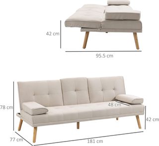 Sofá Cama 3 Plazas Reclinable Con 2 Brazos Desmontables, Sofá 3 Plazas Acolchado Transformable en Tela y Madera Con Portavasos para Sala de Estar y Salón, 181X77X78 Cm, Beige