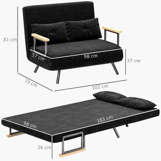 Sofá Cama de 2 Plazas con Respaldo Regulable en 5 Niveles, Sofá Cama Matrimonial Plegable con 2 Cojines para Sala de Estar, en Tejido Acolchado, Acero y Madera, 102X73X81 Cm, Negro