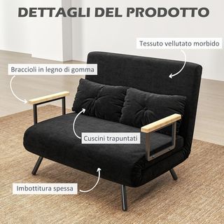 Sofá Cama de 2 Plazas con Respaldo Regulable en 5 Niveles, Sofá Cama Matrimonial Plegable con 2 Cojines para Sala de Estar, en Tejido Acolchado, Acero y Madera, 102X73X81 Cm, Negro