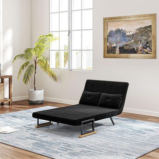 Sofá Cama de 2 Plazas con Respaldo Regulable en 5 Niveles, Sofá Cama Matrimonial Plegable con 2 Cojines para Sala de Estar, en Tejido Acolchado, Acero y Madera, 102X73X81 Cm, Negro