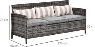 Sofá de 3 Plazas para Exteriores en Rattan (PE) con Cojines Acolchados y Desfundables, Jardín/Terraza, 173X68X78Cm