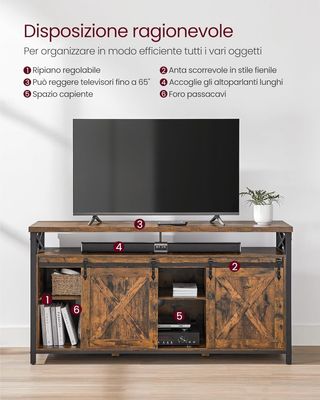 Mueble de TV para Televisor de Hasta 65 Pulgadas, Mesa Porta TV con Estantes Ajustables, Puertas Estilo Granero, Vintage, Estructura de Metal, Marrón Vintage y Negro LTV071B01V1
