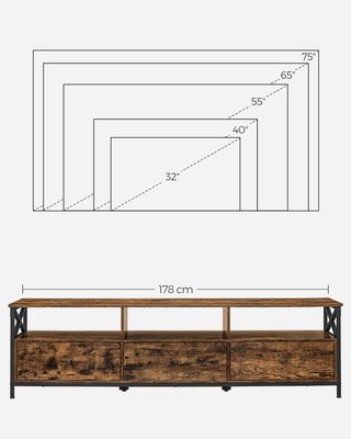 Mueble TV, Mesa Porta TV Hasta 80 Pulgadas, Con 3 Cajones, 3 Compartimentos Abiertos, 178 X 40 X 50 Cm, Sala De Estar, Dormitorio, Estructura De Acero, Marrón Vintage Y Negro LTV302B01