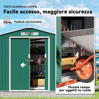 Caseta De Jardín 2.5M² De Acero Galvanizado Con Base Y Salidas De Aire, Cobertizo Para Herramientas Con Techo Inclinado, Doble Puertas Correderas Bloqueables, 213X130X185 Cm, Verde Oscuro