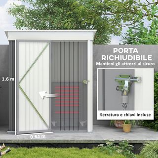 Casita De Jardín Con Base De Acero Y 2 Estantes Regulables, Cobertizo De Jardín Para Herramientas Con Techo Y Puerta Bloqueable, 161X95X163/181Cm, Gris