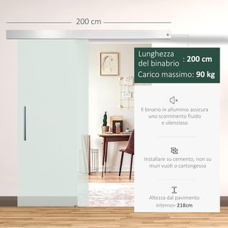 Puerta Corredera Interior de Vidrio Esmerilado Con Riel B1 y Manija para Baño Cocina Estudio Vidrio 205X 77,5X 0,8Cm