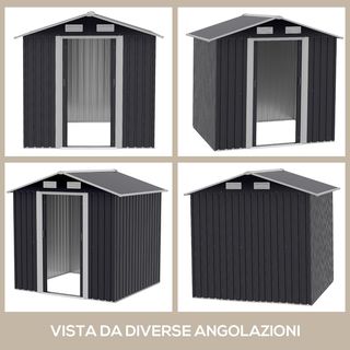 Cobertizo de Jardín 2.6M² en Acero Galvanizado, Caseta para Herramientas de Jardín con 4 Salidas de Aire y Doble Puerta Corredera, 195.5X153X188Cm, Negro