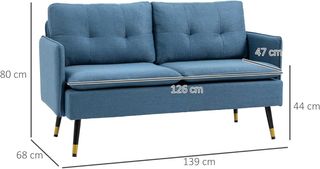 Sofá de 2 Plazas en Tela Efecto Lino con Brazos y Cojines Acolchados, Sofá Moderno de 2 Plazas con Patas de Acero, para Oficina, Sala de Estar, Salón y Dormitorio, 139X68X80 Cm, Azul