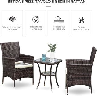 Conjunto de Muebles de Jardín Rattan Conjunto de Mobiliario de Jardín 3Pz Mesa Con 2 Sillas Con Cojines Marrón