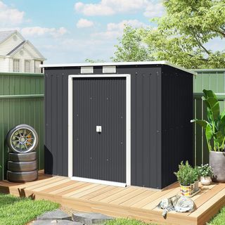 Caseta de Jardín 2.42M² en Acero Galvanizado con Kit de Fundación, Salidas de Aire, Cobertizo para Herramientas con Doble Puerta Corredera Bloqueable, Techo Inclinado, 213X130X172 Cm, Gris Oscuro