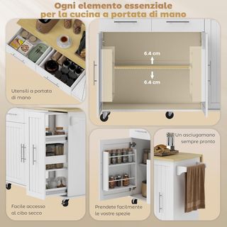 Isla de Cocina con Ruedas, Carro de Cocina con Tablero Plegable, Puertas Soft Close, Estantes Regulables, 2 Cajones, 3 Estantes Extraíbles, Estante con Puerta y Porta Toallas, Blanco