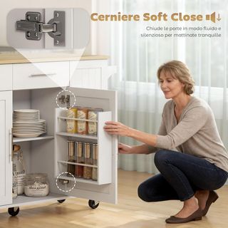 Isla de Cocina con Ruedas, Carro de Cocina con Tablero Plegable, Puertas Soft Close, Estantes Regulables, 2 Cajones, 3 Estantes Extraíbles, Estante con Puerta y Porta Toallas, Blanco