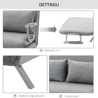 Sofá Cama de 2 Plazas con Respaldo Regulable en 5 Niveles, Sofá Cama Matrimonial Plegable con 2 Cojines para Sala de Estar, en Cuero Sintético y Acero, 111X80X78 Cm, Gris Claro