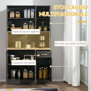 Credenza de Cocina con Armarios, Cajón y Encimera para Microondas, Mueble de Despensa Estrecho con Puertas y Estantes Regulables, Mueble de Cocina para Sala de Estar, Comedor, 101X39X180 Cm, Negro