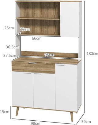 Credenza Moderna para Cocina, Alta, Con Estantes Ajustables, Mueble Credenza y Despensa para Cocina, Sala de Estar, Salón, Con Armarios, Cajón, 98X39X180Cm, Blanco, Madera