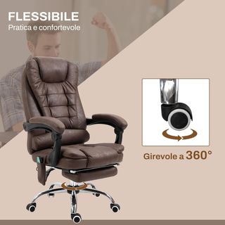 Silla de Oficina Masajeadora y Reclinable con 6 Puntos Vibrantes y Calefacción, Silla de Escritorio Ajustable en Altura, Marrón