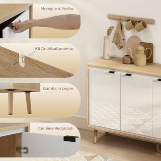 Credenza Cocina Con 3 Puertas, Mueble Cocina Moderno Con Estante Regulable Y Patas De Madera, Credenza Buffet Para Sala De Estar, Comedor Y Salón, 107X35X77 Cm, Blanco Brillante Y Roble