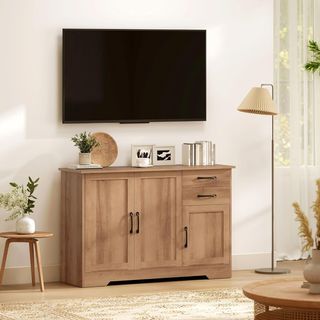 Credenza Cocina, Mueble de Cocina Con 2 Cajones, 2 Armarios, Credenza Buffet Con Puertas de Cierre Soft-Close, Estantes Ajustables, para Sala de Estar Comedor, 120X38X79 Cm, Roble