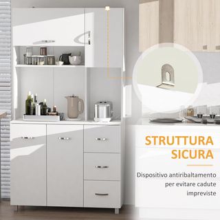 Credenza Alta Moderna Con Cajones Y Armarios, Mueble De Cocina Para Microondas Con Estantes Abiertos, 100X39.5X183.5Cm, Blanco