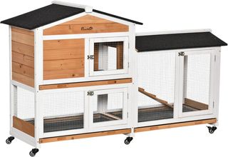 Jaula para Conejos de Exterior con 6 Ruedas, Puertas Múltiples, Conejera de Madera de Abeto con Rampa, Casita para Conejos y Espacio Abierto Cercado, Amarillo y Negro