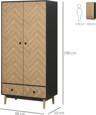 Armario de 2 Puertas con Patas de Madera, 4 Compartimentos, 2 Cajones y Percheros para Dormitorio en Madera de Aglomerado, Gris Oscuro, 90X50X190Cm