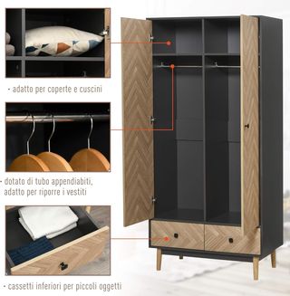 Armario de 2 Puertas con Patas de Madera, 4 Compartimentos, 2 Cajones y Percheros para Dormitorio en Madera de Aglomerado, Gris Oscuro, 90X50X190Cm