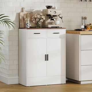 Credenza de Cocina Con 2 Cajones Y Armario de 2 Puertas, Mueble de Cocina Moderno Con Estante Regulable, Credenza Buffet para Sala de Estar, Comedor y Salón, 68.6X35X90.3 Cm, Blanco y Marrón