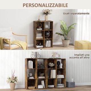 Estantería de Cubos Con 6 Estantes de Almacenamiento de Diseño Rústico, Estantería Moderna de Madera, para Habitación, Estudio, Oficina, 61.5X29.5X91.5 Cm, Marrón