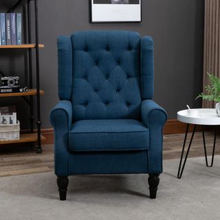 Sillón de Dormitorio Estilo Francés con Amplio Asiento, Silloncito de Dormitorio Acolchado con Brazos y Relleno, con Patas de Madera para Sala de Estar y Oficina, Azul