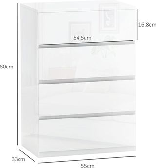 Cómoda Moderna 4 Cajones Antivuelco, Cómoda de Madera de Aglomerado, 55X33X80 Cm, Blanco Brillante