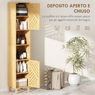 Mueble de Baño Alto con Puertas de Bambú, 2 Estantes Abiertos, 2 Armarios, Mueble de Baño Ahorra Espacio con Estantes Regulables para Comedor, Sala de Estar, 32X30X170 Cm, Color Madera