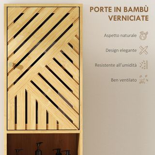 Mueble de Baño Alto con Puertas de Bambú, 2 Estantes Abiertos, 2 Armarios, Mueble de Baño Ahorra Espacio con Estantes Regulables para Comedor, Sala de Estar, 32X30X170 Cm, Color Madera