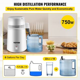 Destilador de Agua Pura 4L con Interior de Acero Inoxidable, Purificador de Agua, Filtro, Máquina de Destilación de Agua con Botella de Recolección para Oficinas y Hogares