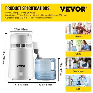 Destilador de Agua Pura 4L con Interior de Acero Inoxidable, Purificador de Agua, Filtro, Máquina de Destilación de Agua con Botella de Recolección para Oficinas y Hogares