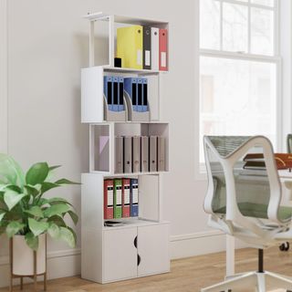 Estantería de 5 Niveles, Estantería Vertical Ahorra Espacio en Forma de S con Armario de 2 Puertas, Estante Divisor para Sala, Sala de Estar, Dormitorio y Oficina, 60X23.8X179.2Cm, Blanco