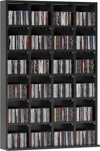 Mueble Porta CD Con Estantes Regulables, Estante Porta 456CD/336DVD Ahorra Espacio en Madera, Mueble Portacd Con 24 Compartimentos, para Sala, Dormitorio, Oficina, 89X20X130.5 Cm, Negro